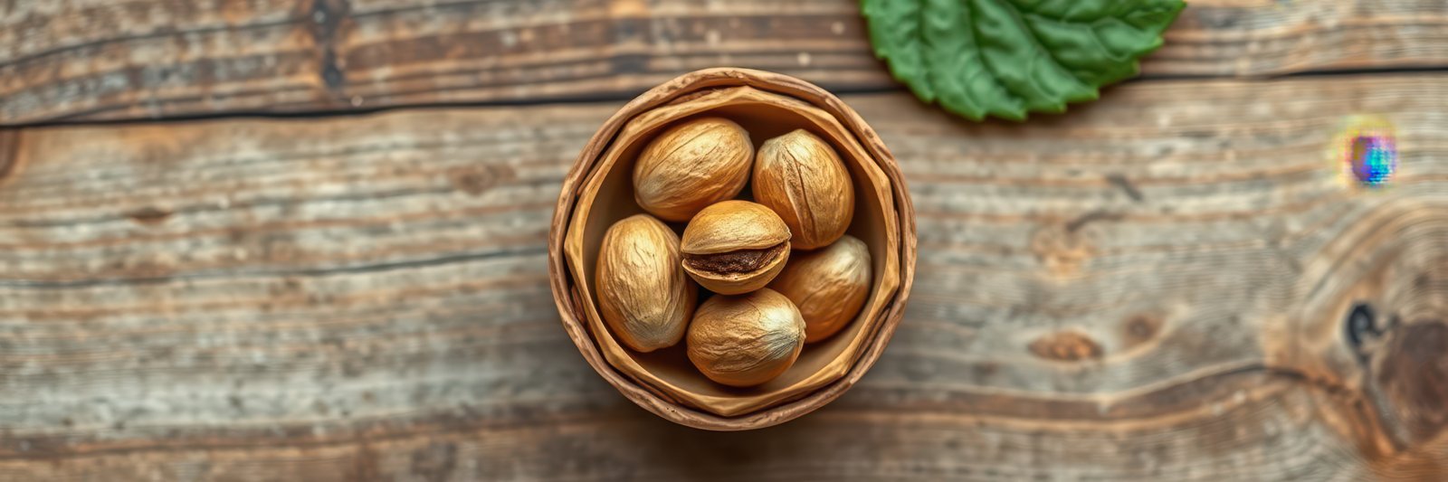 Nuts in a wooden bowl on a rustic table set in natural light with green leaves nearby